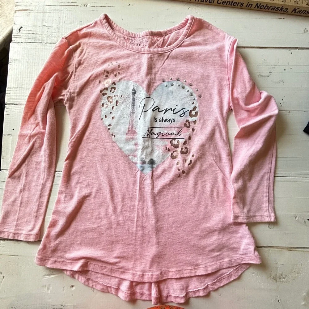 Justice Girls Paris Heart Graphic Top Size 10 and Leopard Leggings Size 10/12Set